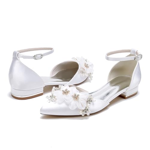Ankle Strap Buckle Dress Lace Shoes for Bride Pearl Flower Pointed Toe Wedding Shoes Rhinestones Prom Shoes3