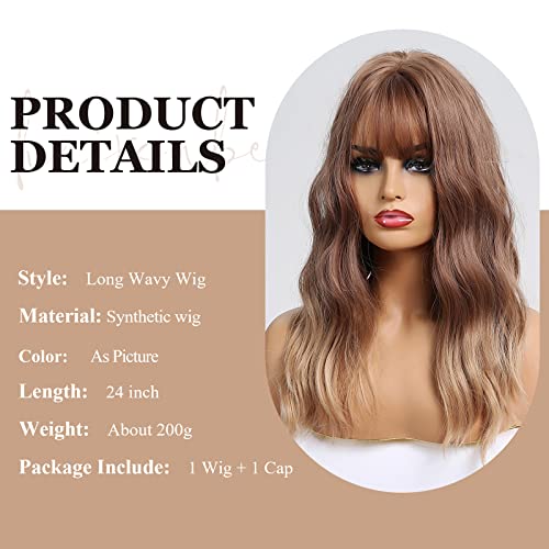 BLONDE UNICORN Ombre Brown Wig with Bangs Shoulder Length Bob Wig Ombre Auburn Root to Brown Wigs Medium Length Wavy Wig Natural Looking Synthetic Wig for Women………
