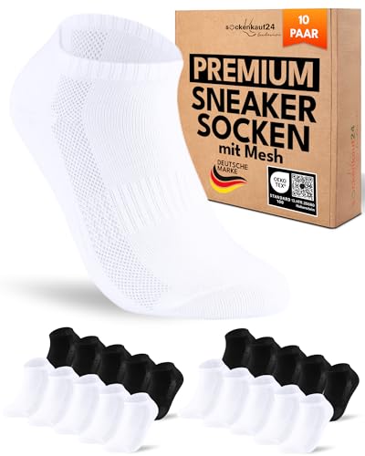 Sneaker Socken Herren 39-42 Schwarz Weiß Damen Baumwolle 10 Paar Atmungsaktiv mit Mesh-Streifen