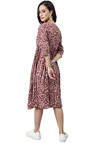 Image of Janasya Women's Cotton Floral Print Angrakha Dress
