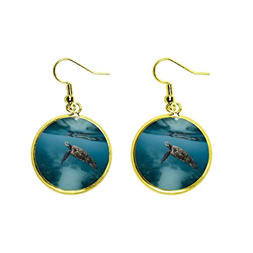 Pendientes de tortuga marina con imagen de océano y gota dorada para mujer