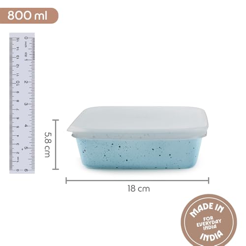 Image of Borosil 800 ml Blue Baking & Serving Dish with Lid | Borosilicate Glass Square Shape Bakeware and Serveware Casserole Dish Tray | Microwave, Oven & Dishwasher Safe Bowl