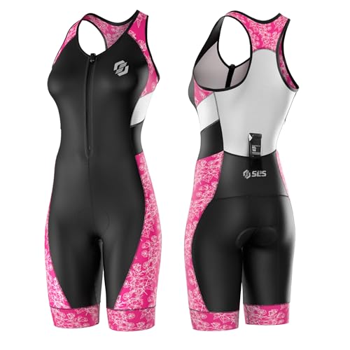 SLS3 Pro Traje de Triatlón para Mujer - Trisuit de Una Pieza - Tritraje Triatlon Mujer Delgado, Sin Sujetador Incorporado (Pink Floral & Black, M)