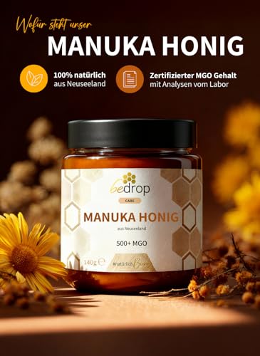bedrop Manuka Honig mit MGO 500+ XXL Glas - 100% echter Premium Manukahonig aus Neuseeland mit zertifiziertem Methylglyoxal Gehalt (Analyse-Zertifikat) - 140g