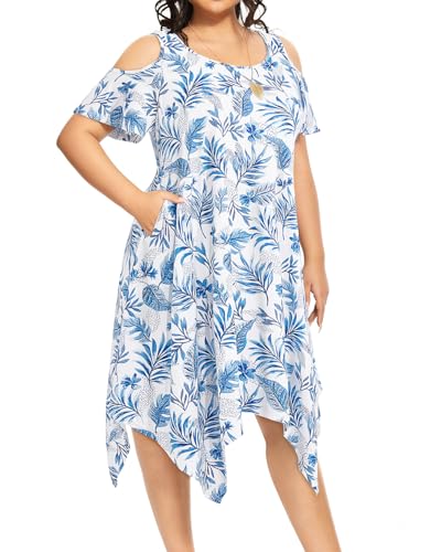 Image of Pinup Fashion Plus Size Summer Sundress Casual Flowy Cold Shoulder Dress