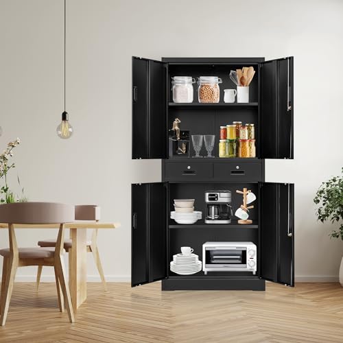 Wanfu Metal Storage Cabinet, 71\" Locking Storage Cabinet with Adjustable Shelves and 2 Drawers, Steel Storage Cabinet for Office, Garage, Home, School, Utility Room(Black) - Thumbnail 6