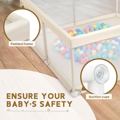 BEJOY Baby Playpen, 150cm Compact and Strong, Foam Protection, Anti-Slip, Transparent Breathable Mesh Round Zipper Door Safety Playard for Baby and Toddlers Indoor & Outdoor (Beige) - Image 4