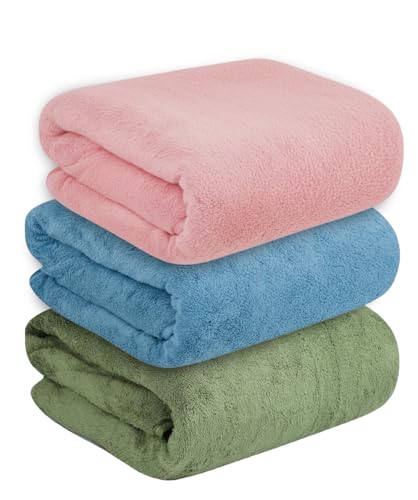 Image of Dribble Coral Fleece Weft Knitting 400gsm Bath Towel 70 x140cm | Ultra Soft, Quick Dry, Highly Absorbent | Lightweight & Skin-Friendly Towel for Bathroom, Gym & Travel, (Green /Blue /Pink, Pack of 3)