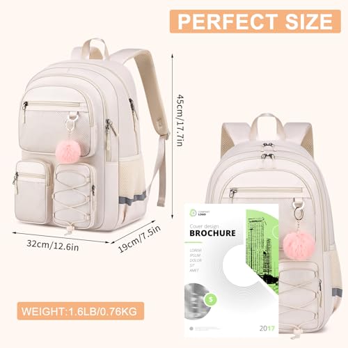 Image of School Backpack for Teen Girls, Cute College Back Pack Women, Kids Backpack | Middle Students School BookBag for Girls, 15.6 Inch Laptop Bag Travel Back Pack, Beige