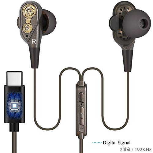 Écouteurs de Type C Dual Dynamic Drives Casques d'écoute avec Puce DAC/Hi-Res/Mic/Contrôle du Volume pour Google Pixel 2/2 XL, HTC U11 / U12, Huawei, Essential PH-1 Ranipobo