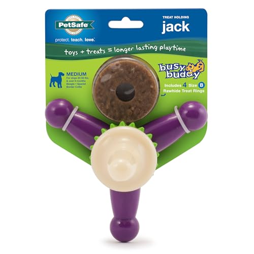 PetSafe Busy Buddy Jack - Keeps Dog Busy - Includes Treats Refill - Treat Holding Dog Toy - Helps Clean Teeth - Durable Rubber - Strong Chewers - Dishwasher Safe - Medium - Purple