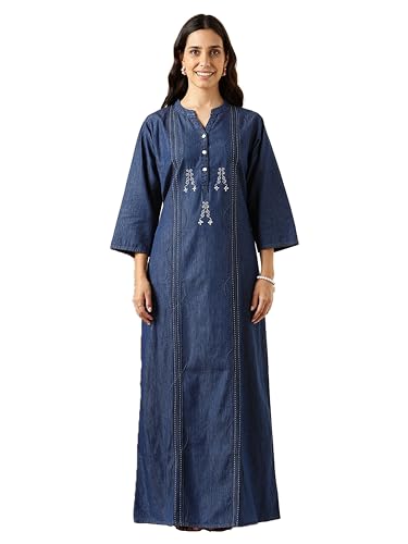 Image of 9shines Label Comfortable Cotton Denim Finish Nightdress for Women with Button Placket and Pocket(9SDLSS)