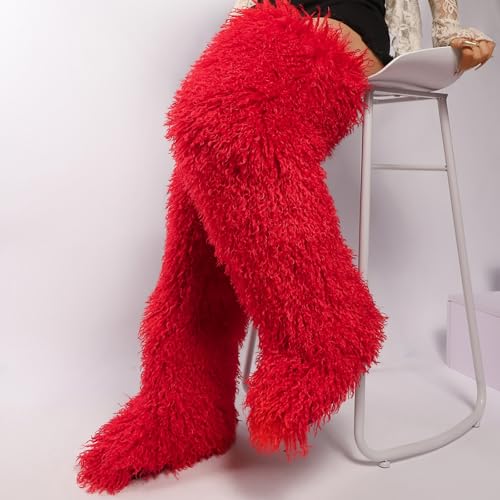 Image of Black Thigh High Fur Boots, Over the Knee Fluffy High Boots, Tall Furry shoes for Women