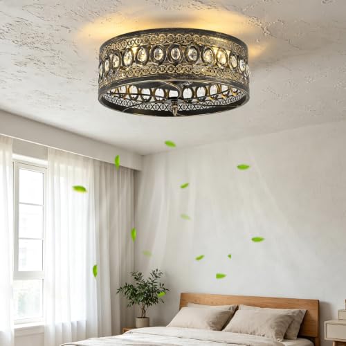 Rjieoc Vintage Crystal Ceiling Fan with Light, Farmhouse Caged Fandelier with Remote Control, Antique Bronze Flush Mount Ceiling Fan Light for Bedroom Living Room Dining Room Kitchen - image 2