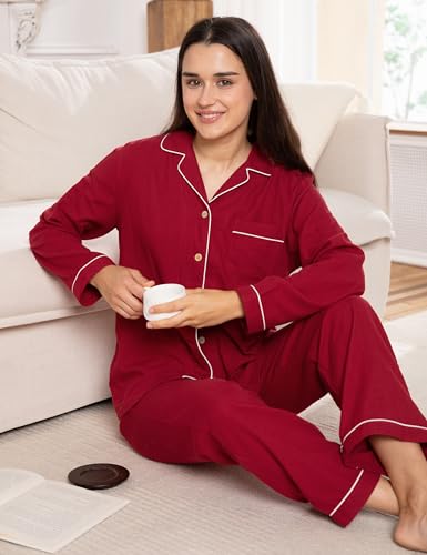 Image of Womens Muslin Pajama Set 100% Cotton Double Gauze Linen Like | Breathable Soft Comfort Button Up Loungewear Sleepwear PJ Set