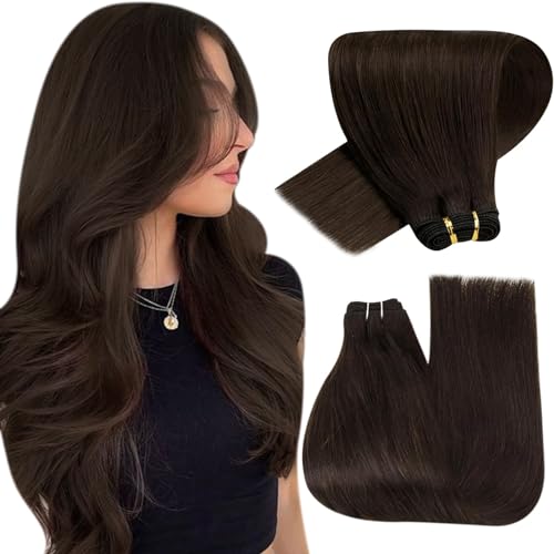Hetto Weft Hair Extensions Real Human Hair Dark Brown, Durable Hand Tied Sew in Hair Extensions Human Hair