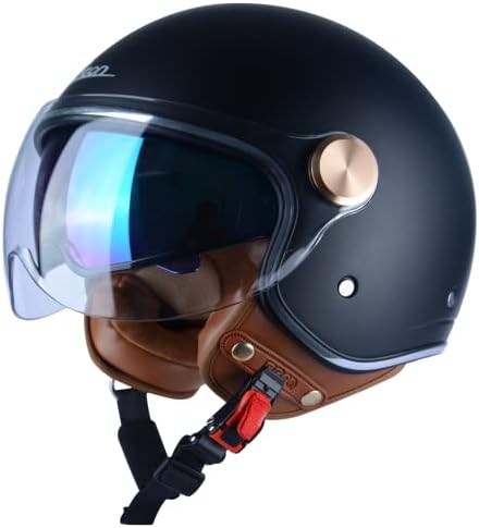BEON Half 3/4 Face Motorcycle Helmet, DOT Approved, Retro Vintage Style, Dual Visors Men’s and Women’s Motorbike Casco for Moped Cruiser Bobber and Chopper (L, Matte Black)