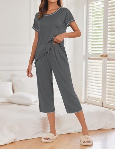 Image of Ekouaer 2 Pack Womens Pajamas Sets Short Sleeve Tops and Capri Pants Pjs Colorful Printed Sleepwear Sets