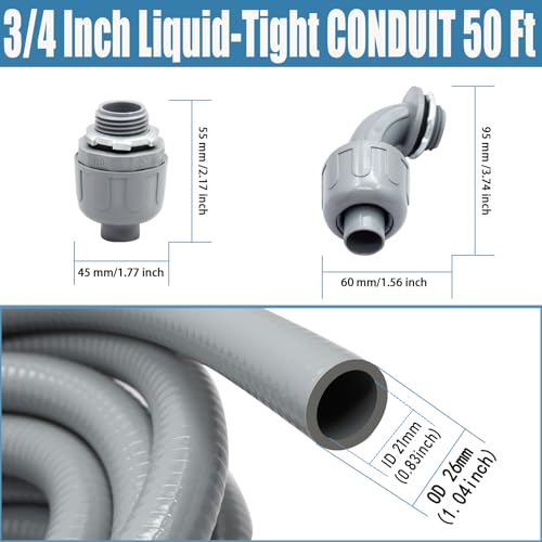 QSHFTO 3/4 Inch Liquid-Tight Conduit and Connector Kit - 50 FT Non-Metallic Electrical Conduit with 5 Pcs 180° Straight and 5 Pcs 90° Angle Fittings by QSHFTO - Image 2