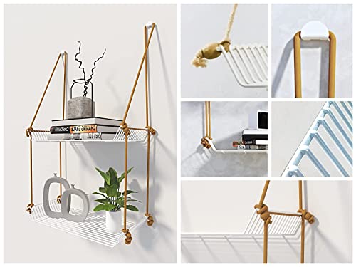 Image of Meshable Weebill 2-Tier Wall Hanging Metal Wall Shelf with Jute Rope, Home Decor Wall Shelves and Storage Racks with Elegant Design Ideal for for Balcony and Terrace, Standard Size - White