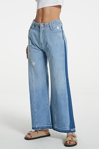 D-Sun Women's Mid Rise Wide Leg Jeans Casual Baggy Wide Leg Flared Jeans Trendy Side Seam Colorblock Denim Pants with Pockets4
