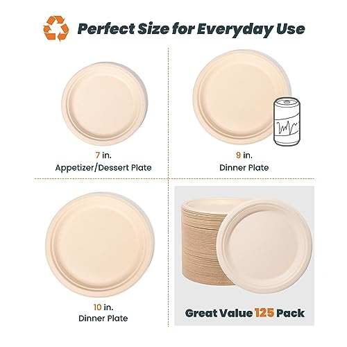 Hooray Mida 100% Compostable Plates, Disposable Paper Plates 125-Count - Heavy Duty, Biodegradable Plates Made Of Bagasse - Eco Friendly And Sustainable (Natural, 7 Inch) #TOP5