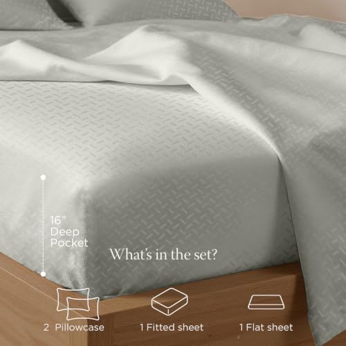 Image of Threadmill 300TC Cotton Queen Sheet Set, Sateen, Jacquard, Light Grey | 100% Cotton, Sateen Weave, Jacquard Pattern, 4-Piece Set, 16 inch Deep Pocket, Cooling, OEKO-TEX Certified, Machine Washable