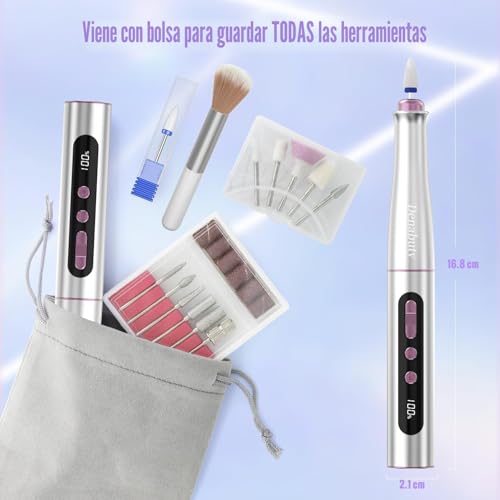 Miniatura 7 de Denabuty Torno Para Uñas Profesional 35000 Rpm, 12 En 1 Lima Eléctricas Uñas Nail Drill Machine, Kit De Manicura Pedicura Eléctrico Recargable Por Usb, Velocidad Ajustable Para Salón Diy Dn-2402