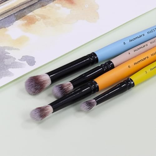 Image of Isomars Maestro Blending Brush Set of 4 - Professional Round Artist Brushes for Soft Blending, Shading and Transitions - Colorful Wooden Handles - Sizes 2, 4, 6, 8