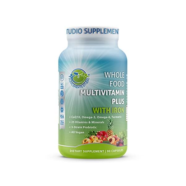 Supplements-Studio-Daily-Vegan-Whole-Food-Multivitamin-Plus-for-Men-Women-with-Iron-Organic-Fruits-and-Vegetables-B-Complex-Probiotics-Enzymes-CoQ10-Omegas-Turmeric-All-Natural-Non-GMO Vegan Whole Food Multivitamin with Iron, Daily Multivitamin for Women and Men, Made with Fruits & Vegetables, B-Complex, Probiotics, Enzymes, CoQ10, Omegas, Turmeric, Non-GMO, 90 Count