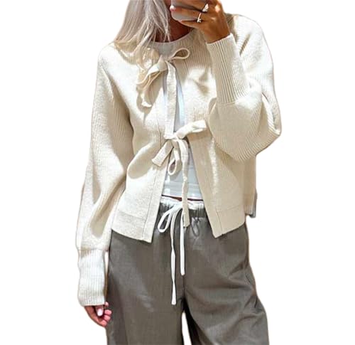 Image of Women Y2k Tie Front Knitted Cardigan Sweater Top Long Sleeve Crewneck Open Front Casual Cropped Cardigan Shirt (Apricot #A, S)