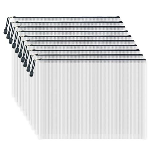 COWORK-UP 10PCS B4 Mesh Zip Wallets 15 x 11 Inches Large Zipper Craft Project Pouch Bags, B4 Plastic Mesh Folder Zip Bags Board Game Storage Organiser