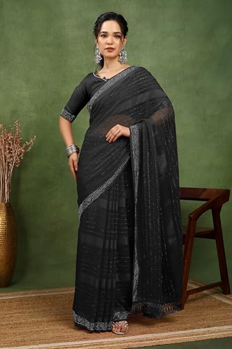 Image of MIRCHI FASHION Saree for Woman Georgette Solid with Satin Stripes | Stone Border Farewell and Ceremonial Sari with Blouse Piece