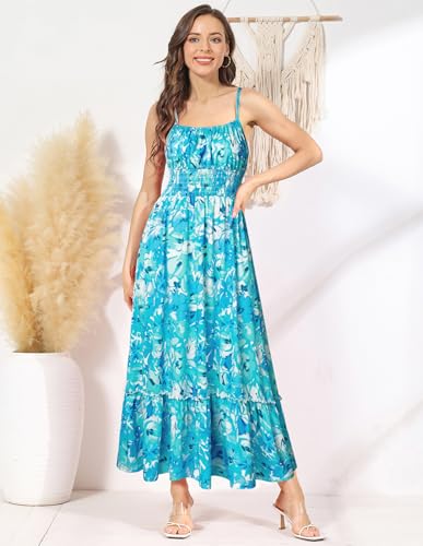 Image of GRACE KARIN Summer Dresses for Women 2026 Vacation,Smocked Floral Maxi Dress,Boho Beach Sundress with Pocket Fashion Clothing