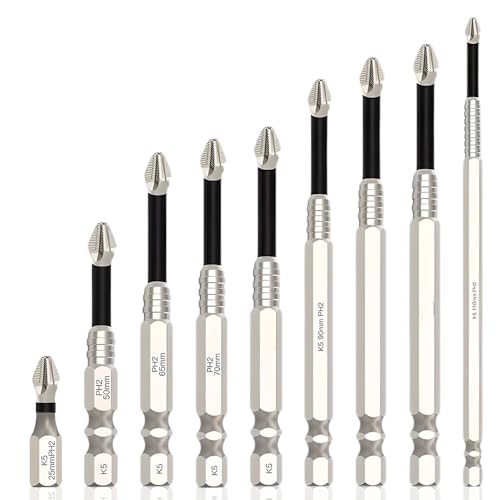 Hex Head Screwdriver Kit, 9pcs Magnetic Anti Slip S2 Steel Bits Set, 1/4 inch Hex Shank, Precision PH2 Drill Bit Set, Compatible with Electric Drill and Driver Tools (9)