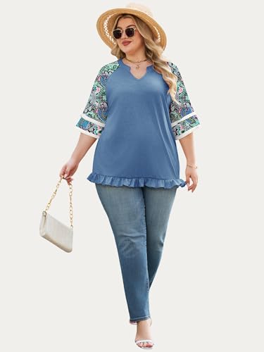 HDLTE Womens Plus Size V Neck T Shirts Summer Half Sleeve Casual Loose Tees Color Block Fashion Tunic Tops with Tassel Blue — view 6