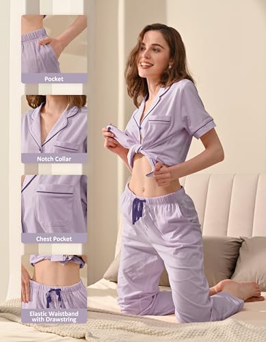 Image of NAP BOUND 100% Cotton Women's Pajama Sets Short Sleeve Button Down Soft Pjs 2 Piece Lounge Set with Pocket Nightwear XS-XXL