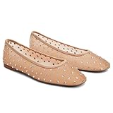 VOLEECE Tulle Crystal Ballet Flats Shoes for Women Mesh Rhinestone Ballerina Shoes Sparkly Slip On Square Toe Comfortable Casual Dress Shoes Nude