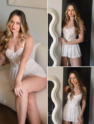 Image of Avidlove Women Lace Mesh Babydoll Lingerie Set with Garter Belt | 4 piece set, includes thong & garter belt, lace corset bodice, adjustable straps, S-4XL