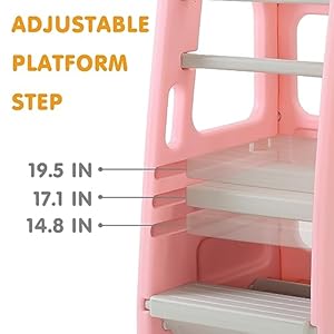Sdadi toddler kitchen stool helper plastic step stool for kids with 3 adjustable height dual safety rails and non slip feet pads pink  urban country home decor