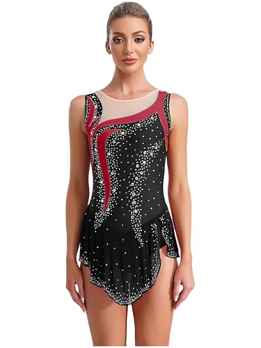 Fldy Vestido Corto de Baile con Purpurina para Mujer, sin Mangas, Patinaje artístico, Traje de Ballet, Strass, Patchwork, Maillot de Patinaje artístico, Gimnasia, Danza, Negro, S
