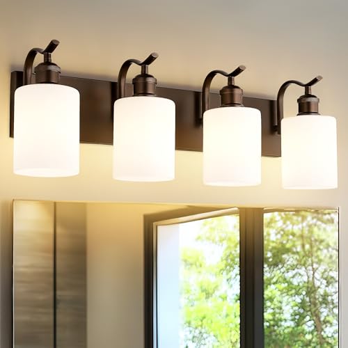 Image of 4 Light Bathroom Vanity Light, Morden Bathroom Lighting Fixtures Over Mirror Oil Rubbed Bronze Modern Wall Sconce with Milky White Frosted Shade ZCVL01ORBW-4