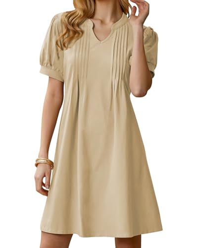 Image of Summer Dresses for Women 2025 Shift Dress V Neck Puff Short Sleeve T Shirt Dress Women's Casual Dresses Sundress