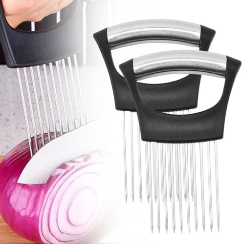 Onion Slicer, Stainless Steel Onion Holder for Slicing,Onion Cutter for Slicing and Storage of Onions,Avocados,Eggs and Other Vegetables, Stainless Steel Cutting Kitchen Gadget