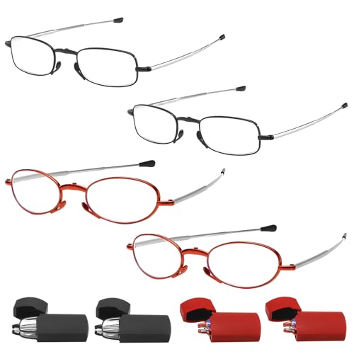 KASURE Folding Reading Glasses Set, 4 PCS Anti-blue Light Reading Glasses for Men and Women, Compact Foldable Spectacles with Portable Clip Case (Black*2+Red*2,+1.50D)