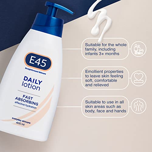 E45 Daily Skin Lotion 400 ml – E45 Lotion for Very Dry Skin – Non-Greasy Lightweight Moisturiser - Perfume-Free Body Face Hand Cream - Dermatologically Tested (Pack of 2) - Image 4