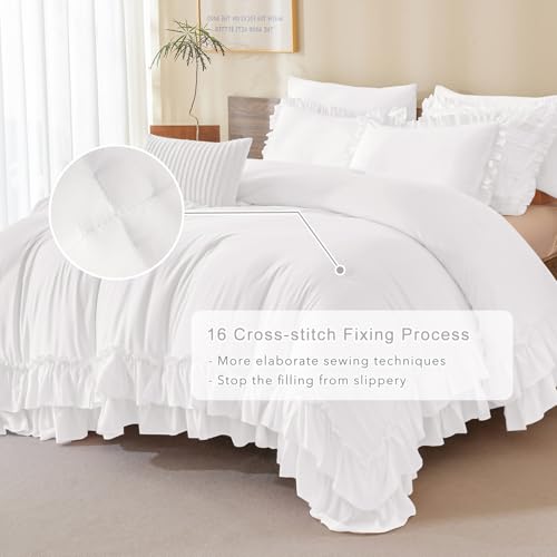 Image of QSH Natural White Comforter Full with Ruffles,3PCs Shabby Boho Chic Farmhouse Bedding Comforter Set Full Size (80 inchx90 inch) Soft Fluffy Microfiber Lightweight Vintage Bed Set with Pillow Shams