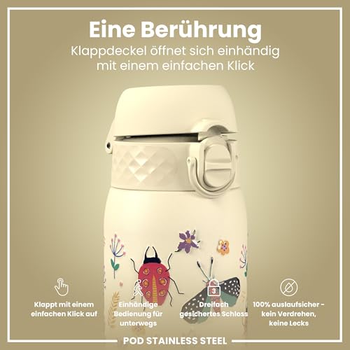 ion8 Kinder Trinkflasche Edelstahl Leicht 400ml Nicht Isoliert Auslaufsicher Einhandöffnung Sichere Verriegelung Spülmaschinenfest Klappdeckel Leicht zu Reinigen, Käferleben