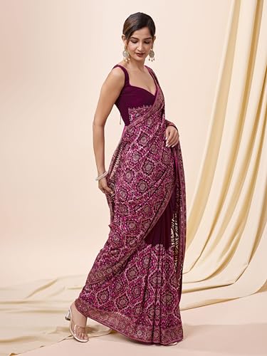 Image of TRENDMALLS Women's Vichitra Silk Heavy Embroidery With Siroski Stone Work Saree with Unstitch Blouse Piece For Women