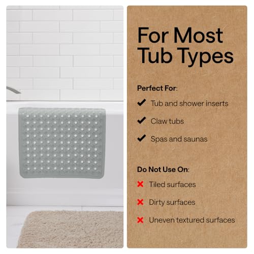 GORILLA GRIP Patented Bath Tub Shower Mat, Machine Washable Bathtub Floor Liner Mats, Suction Cups and Drain Holes to Keep Tubs Clean, Soft on Feet, Bathroom Essentials, 35x16 Inch, Gray Opaque
